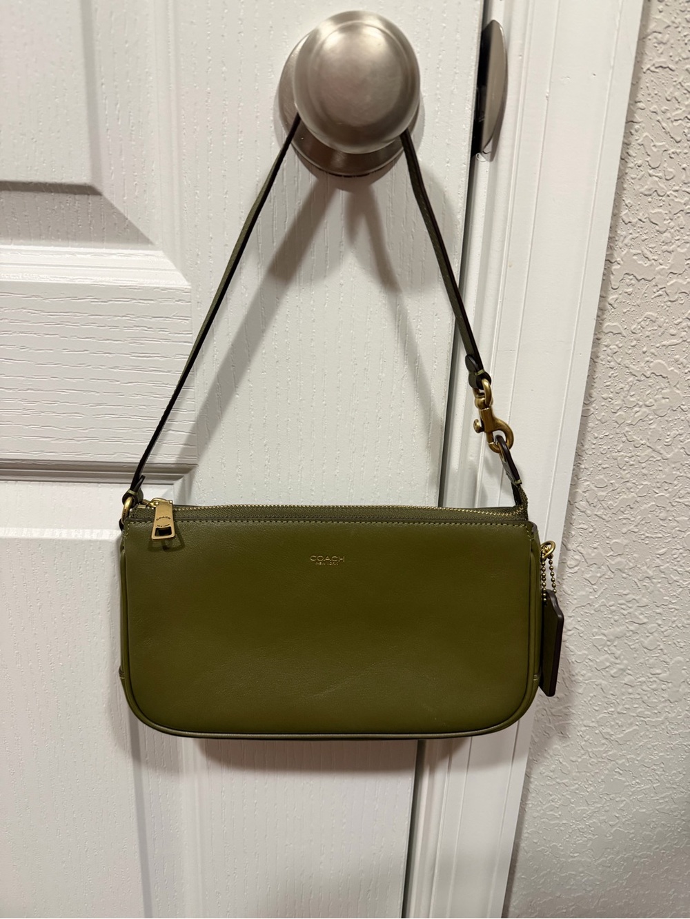 Coach Plaza 22 Olive Leather Shoulder Pouch with Gold Hardware